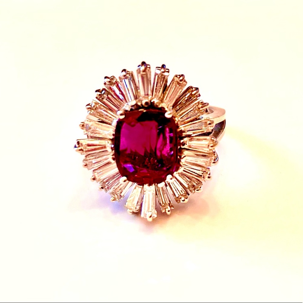 "18k" stamped white gold Corundum Ruby and diamond ring